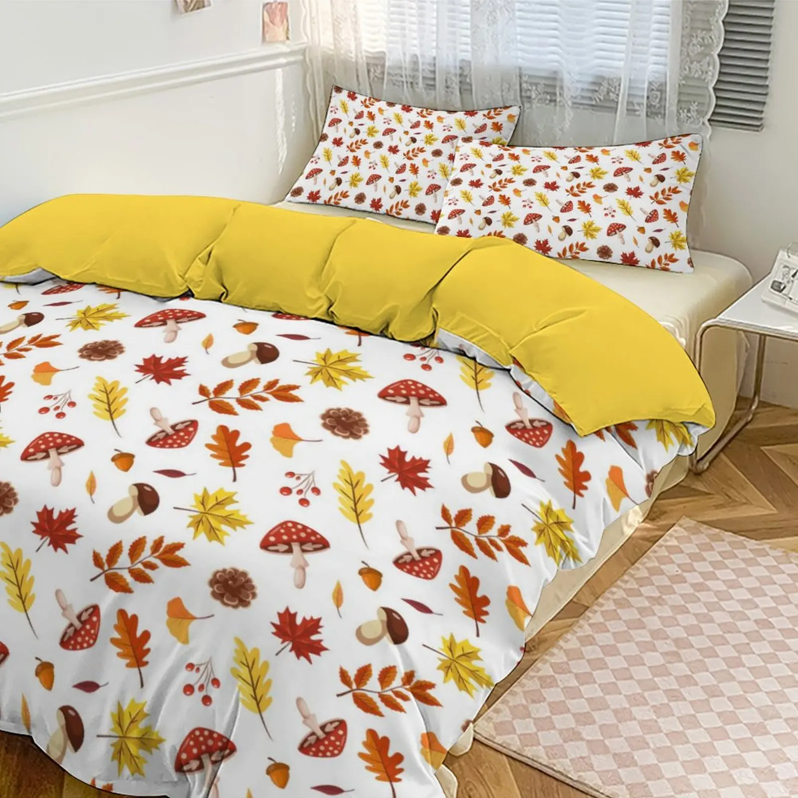 

Comfortable Skin - Friendly Thickened 3 - Piece Bedding Set (Duvet Cover + 2 Pillowcases) Autumn Mushroom & Maple Leaf Print
