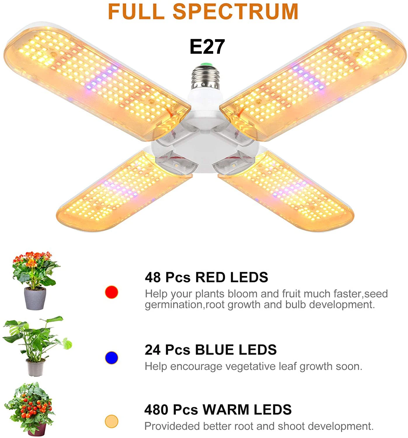 200W Plant Lamp LED Grow Light Full Spectrum Phytolamp Foldable Growing Bulb for Flowering Home Seedling Indoor Growbox