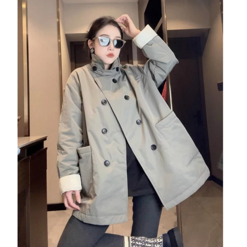 

Autumn Winter Mid-Long Cotton Coat Women 2025 New Fashion Cotton Windbreaker Pure colour Turndown Collar Outerwear Female