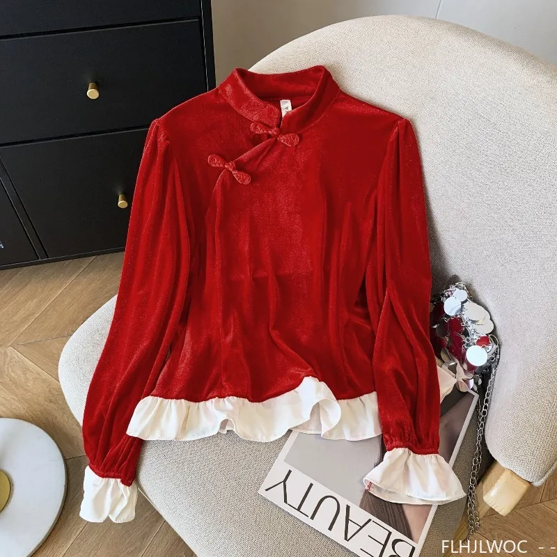 Nieuwjaar Kerstmis Rode Tops Blouses Vrouw Lange mouw Elegante dame Retro Vintage Knop Basics Shirts Opstaande kragen Ruches Top