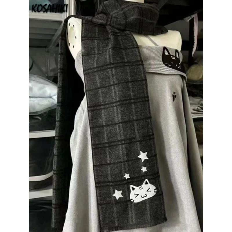 

Vintage Two-Sided All Match Kawaii Women Neckerchief Japanese Y2k Plaid Cute Cat Scarves 2026 Autumn Winter Harajuku Scarf