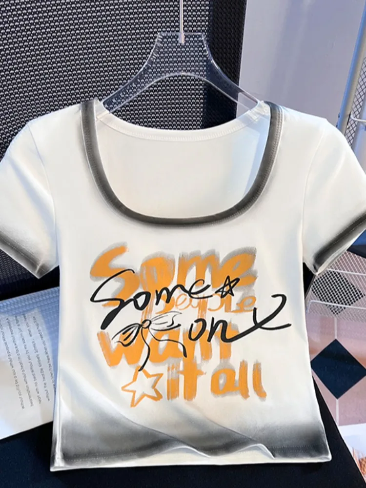 

Футболка из чистого хлопка с коротким рукавом для женщин, летняя, приталенная, с U-образным вырезом, с принтом, дышащая, удобная, укороченная, приятная к телу