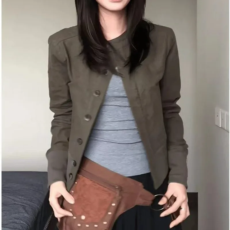 American Style Suede Short Jacket Women's Autumn Workwear Wind Waistcoat Commute Casual Top Versatile Standard Fit T-shirt