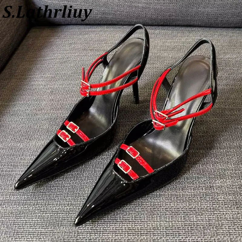 

Lacquer Leather Pointed Narrow Band Pumps Women's British Style Versatile Open Heel Sandals Spring Summer Banquet Dress Shoes