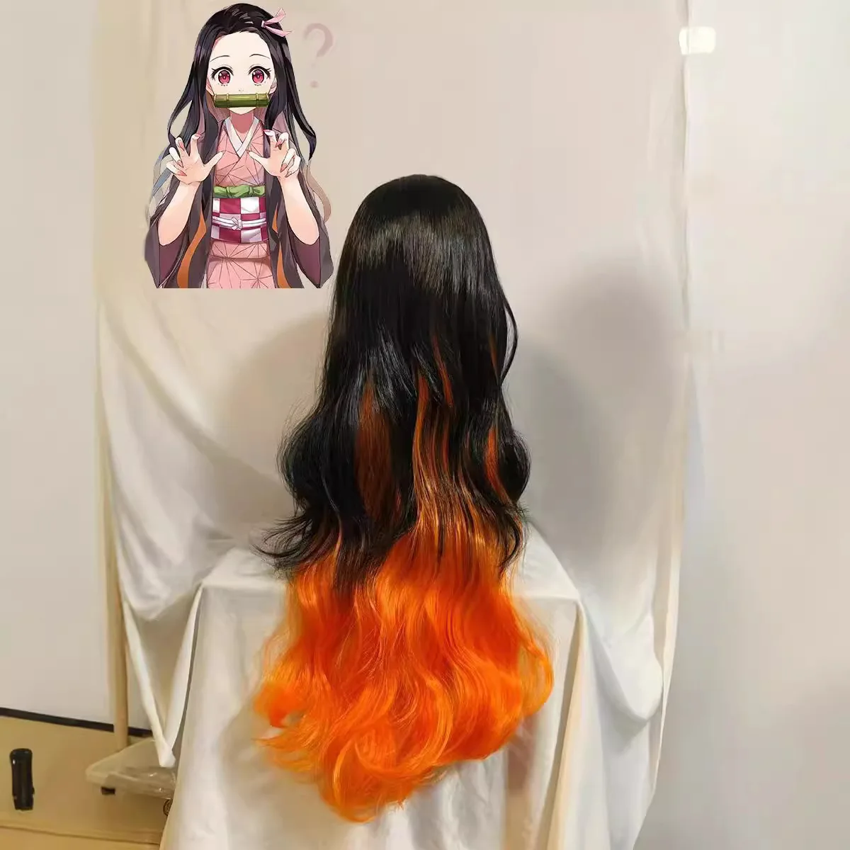 Cosplay Wig For Nezuko Kamado Gradual Black And Orange Natural Female Side Part Long Curly Hair Style