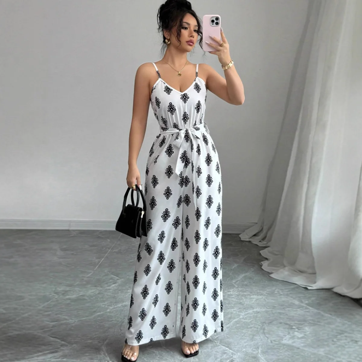 Moda outono nova chegada elegante montagem traseira-aberto impressão estilo gogo calças de macacão de perna larga