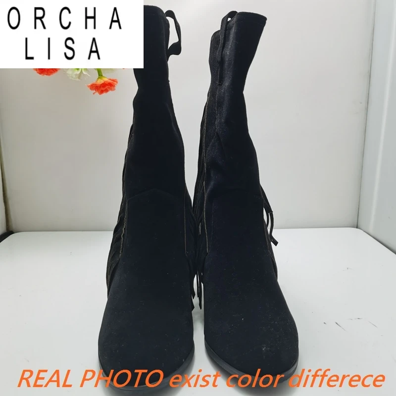 

ORCHA LISA 2024, женские ботинки из флока с бахромой, замшевые, с круглым носком, на блочном каблуке, 7,5 см, 50 51 52, винтажные модные ботинки до середины икры