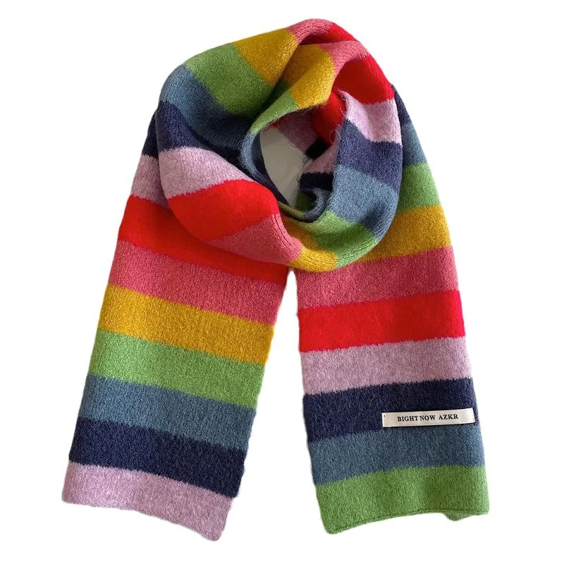 Rainbow Stripes Mohair Scarf Men And Women In Winter Colour Blocking Stripes Wool Short Scarf Students Warm Short Scarf W243