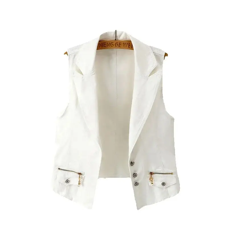 

Cowboy Vest Women Spring Autumn White Denim Vests 2025 New Short Coat Fashion Zipper Pocket Sleeveless Waistcoat Jacket Female