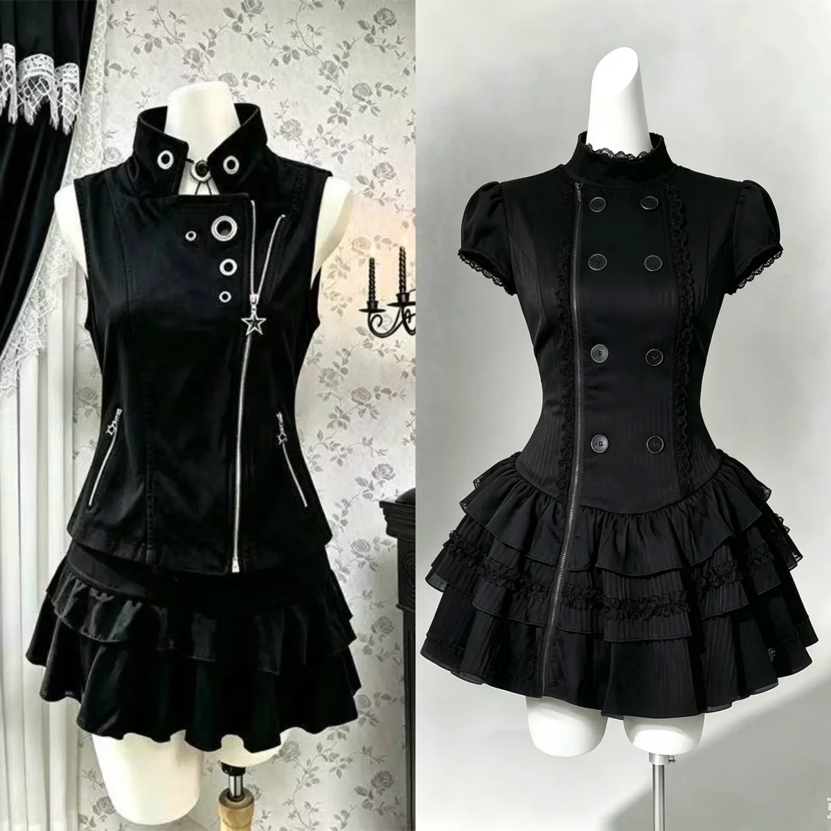 Damen Y2K Ästhetik Gothic Punk Mini-Kleid Vintage Schlankes Schwarzes Kurzes Kleid Harajuku-Stil Damen Alltags-Streetwear-Kleid