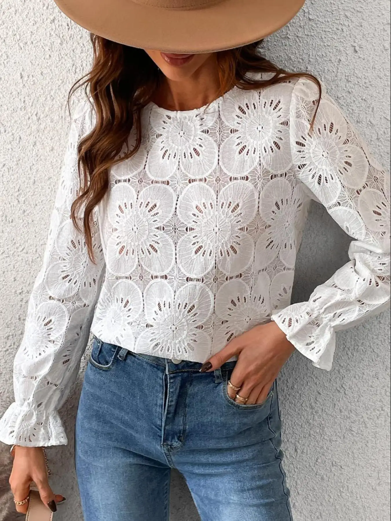 

Spring Fashion Long Sleeve Lace Top Women's Business Style Polo Collar Princess Sleeve No Shoulder Baring Trendy Ladies' Top