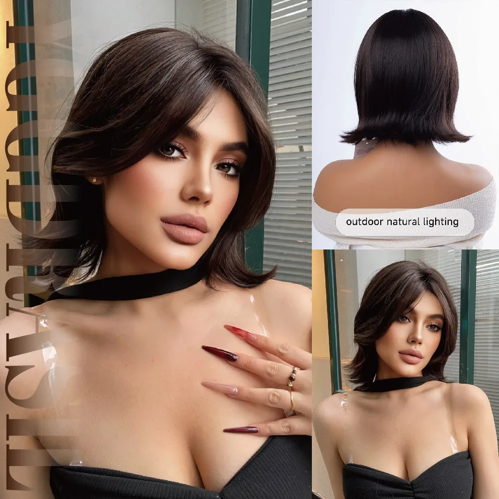 

12Inch Dark Brown Elegant Style Synthetic Wigs Middle Part Short Natural Wavy Hair Wig For Women Daily Use Party Heat Resistant