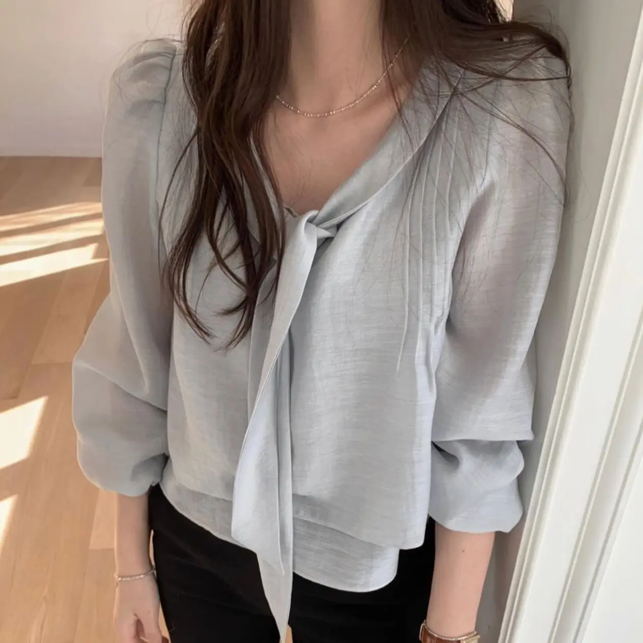 Spring Autumn Design Sense Sash Loose Women's Long Sleeve Fake Two-Piece Shirt Top Versatile Elegant Commute Pure Color