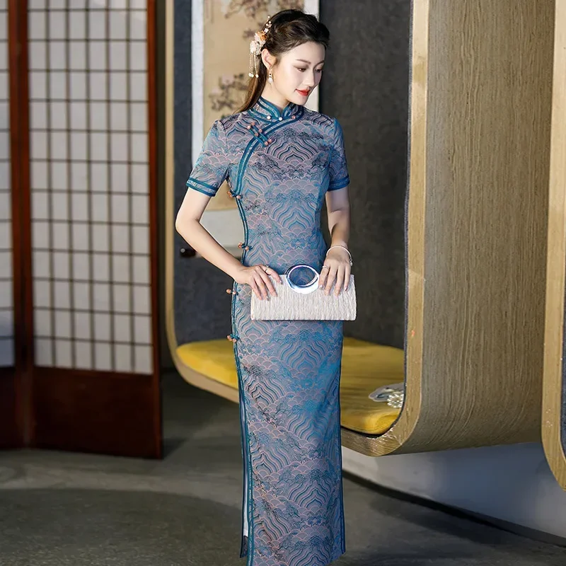 

Женское платье Cheongsam с принтом для выступлений на сцене, элегантное традиционное китайское платье Ципао, винтажное платье, большой размер 3Xl4Xl