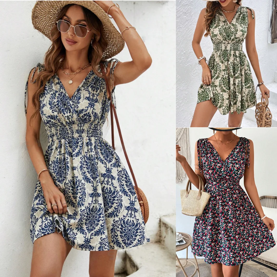 

2025 European And American Women's Summer Plain French Print Tie Shoulder Casual Dress