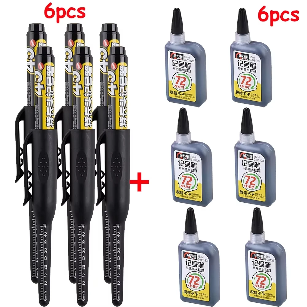 1-6 Stuks 45mm Waterdichte Lange Hoofdpunt Diepgat Markers Pen Tegel Timmerman Pen Multifunctioneel voor Houtbewerking Zwart/Blauw/Rode Inkt