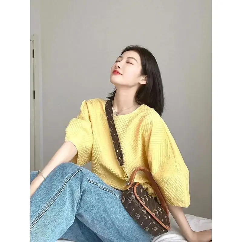 بلوزة صيفية نسائية صفراء فقاعية، مقاس صغير، فضفاضة، نحيفة، عصرية للارتداء اليومي