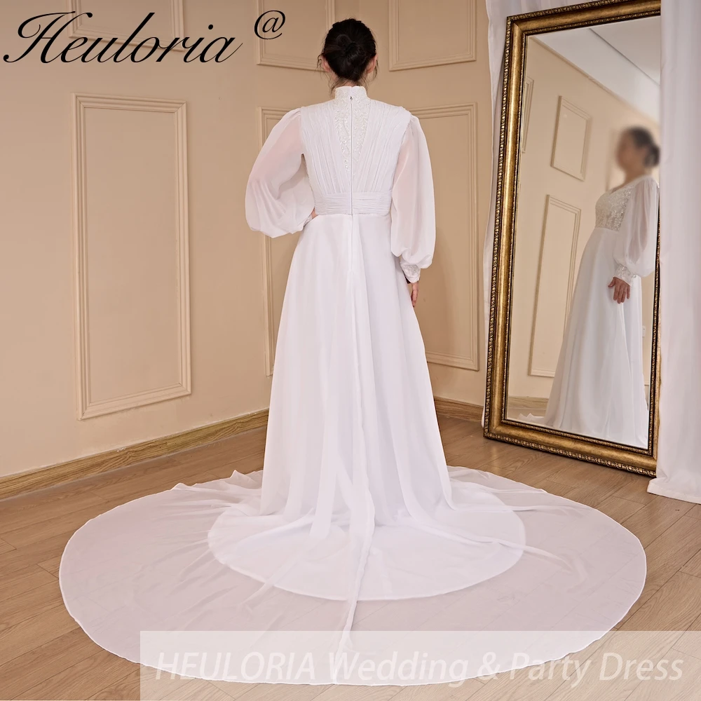 Elegantes muslimisches Hochzeitskleid in A-Linie mit langen Ärmeln, Stehkragen, Spitzen-Chiffon-Brautkleid in Übergröße, Braut-Hochzeitskleid