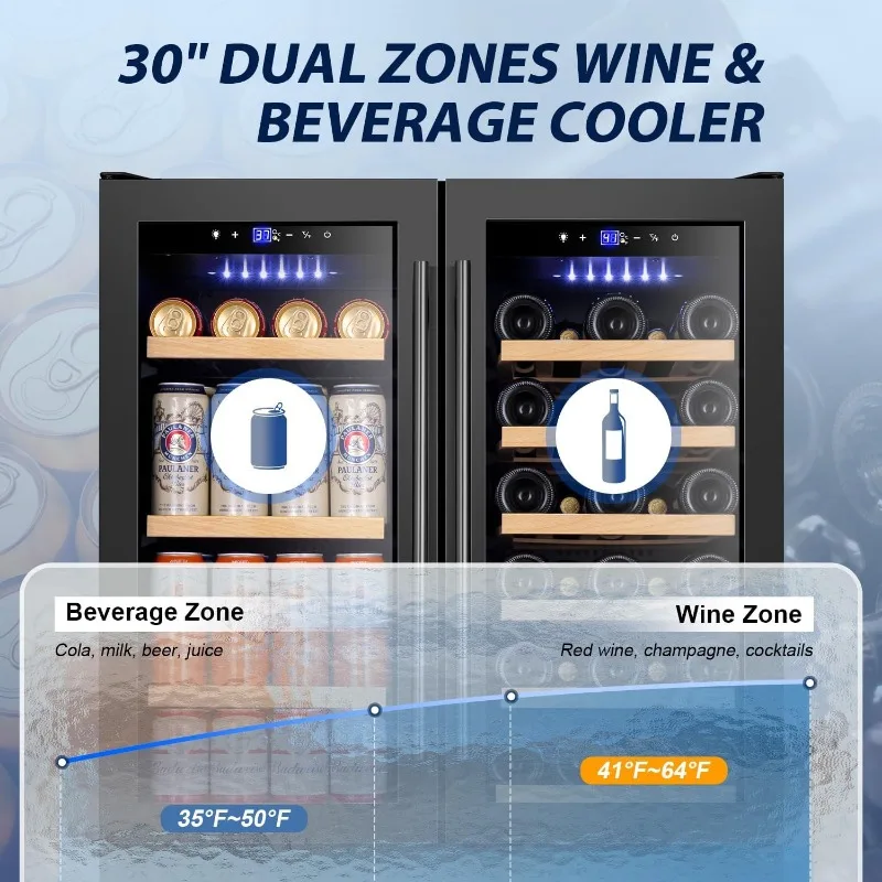 Refrigerador de vinho e bebidas Tylza de 30 polegadas, refrigerador de bebidas de vinho de zona dupla 30" com porta francesa, sob balcão de cerveja de vinho