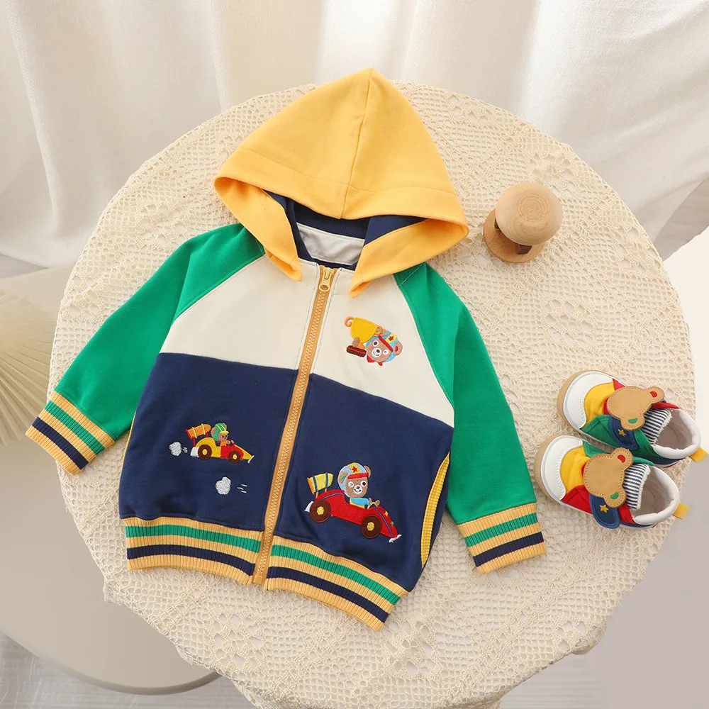 

kids girls clothes baby coat boys clothes Cartoon pattern embroidered hoodie Splicing color casual jacket