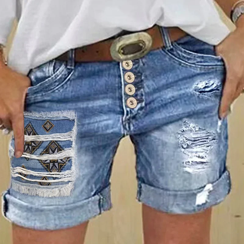 Women Shorts Denim Pants Patchwork Jeans Loose All-Match Embroidered Shorts