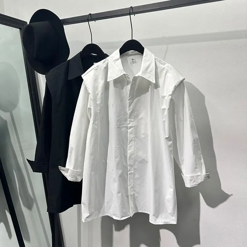 Avant-Garde Design Shoulder Decoration Casual Shirt Men's Pu Handsome High Sense Loose and Net Red Black Long Sleeve