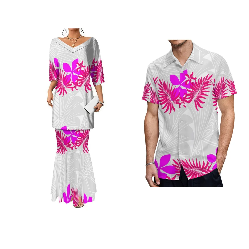 2024 New White Suit Couples Party Party Outfit White Dress Shirt With Polynesian Traditional Patterns Custom White Sunday Dress