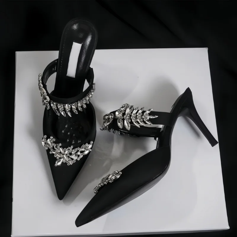 

New Fashion Luxurious Shiny Rhinestone Women High Heels Closed Toe Slip-on High Heels Elegant Mules Women Designer Women's Shoes