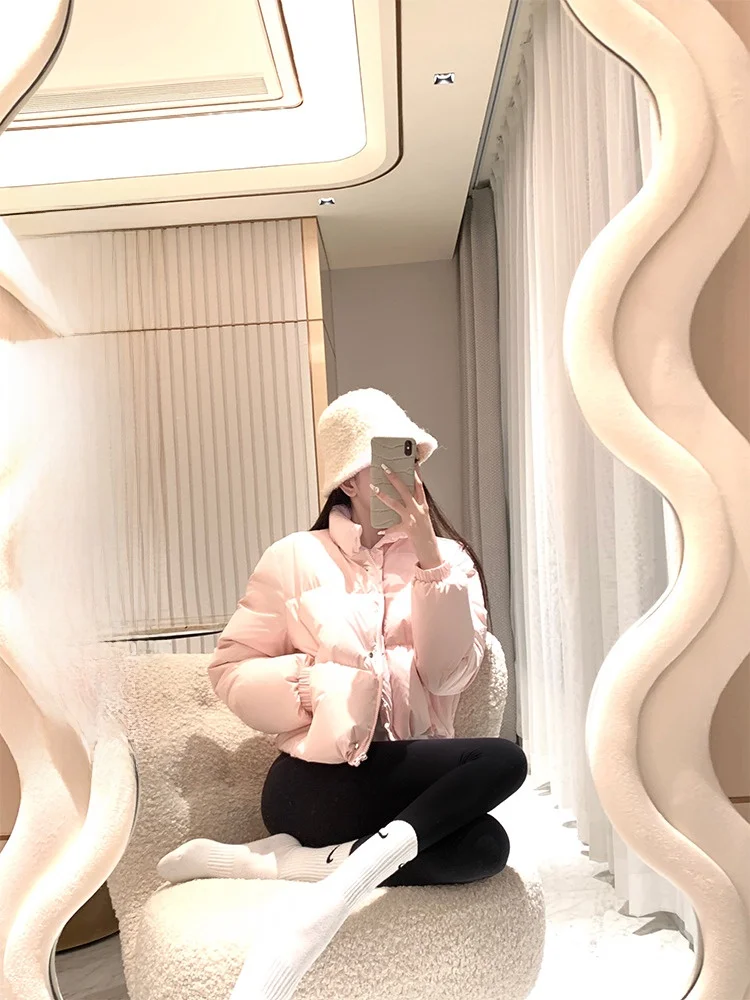 

Pink ort down Jaet Women's Winter High Waist Bread Coat Du down Stand Collar Korean Sle Straight Tube Polyester Fiber