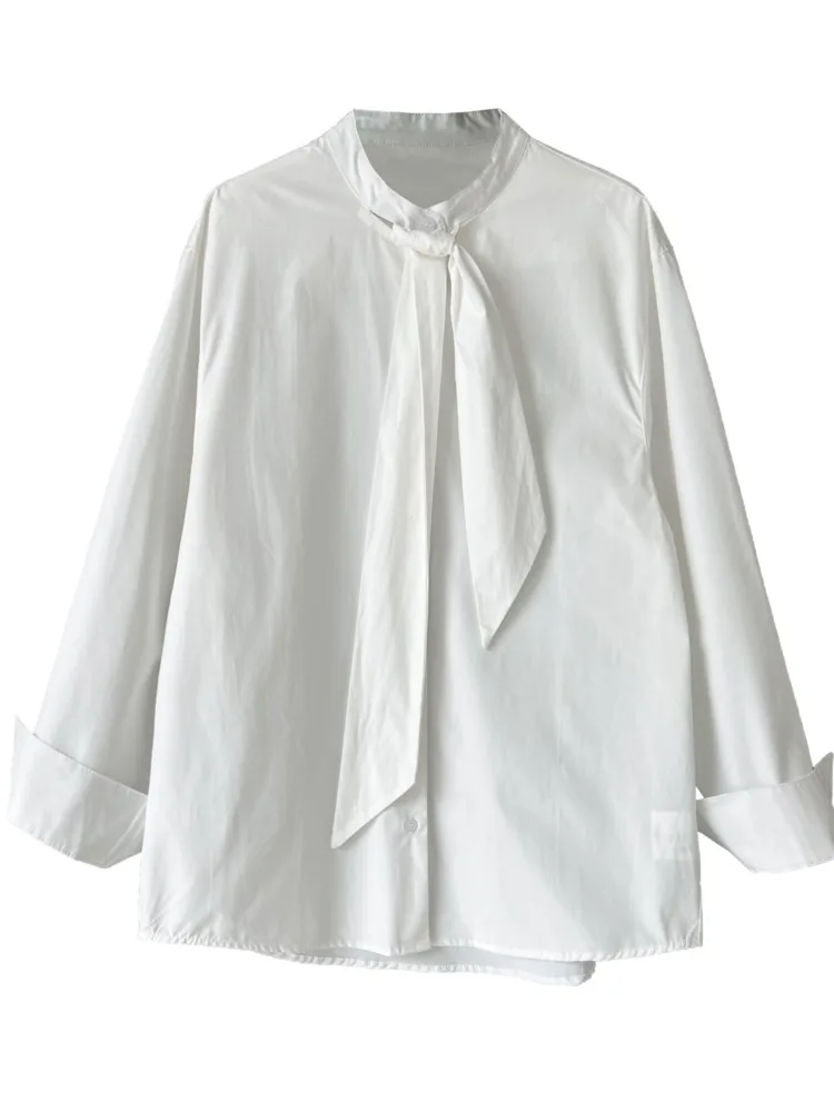 WHTREND Camicia in tinta unita con cravatta design stile coreano per donna 2025 Nuova camicia casual allentata elegante WH1726