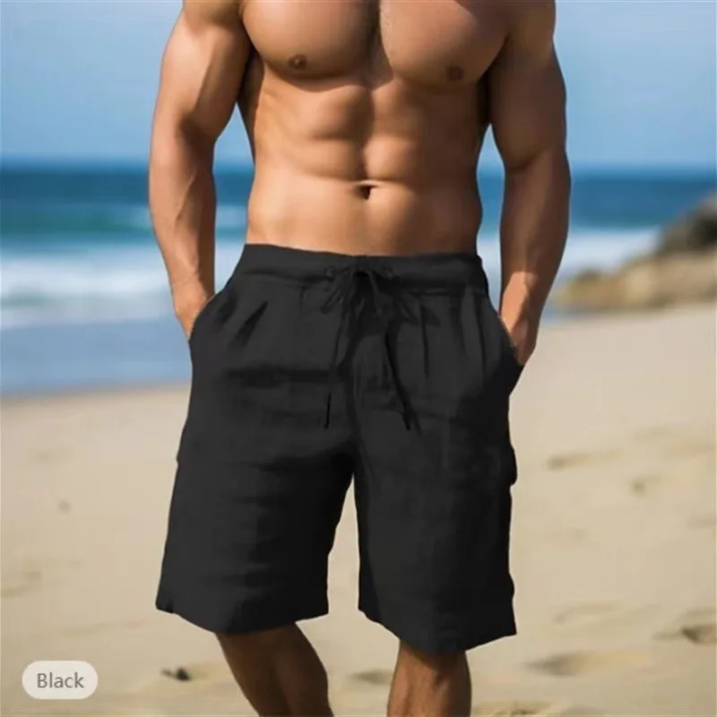 

2024 Summer Men's Linen Shorts Drawstring Elastic Waist 5Inch Casual Beach Shorts for Outdoor Gym Travel