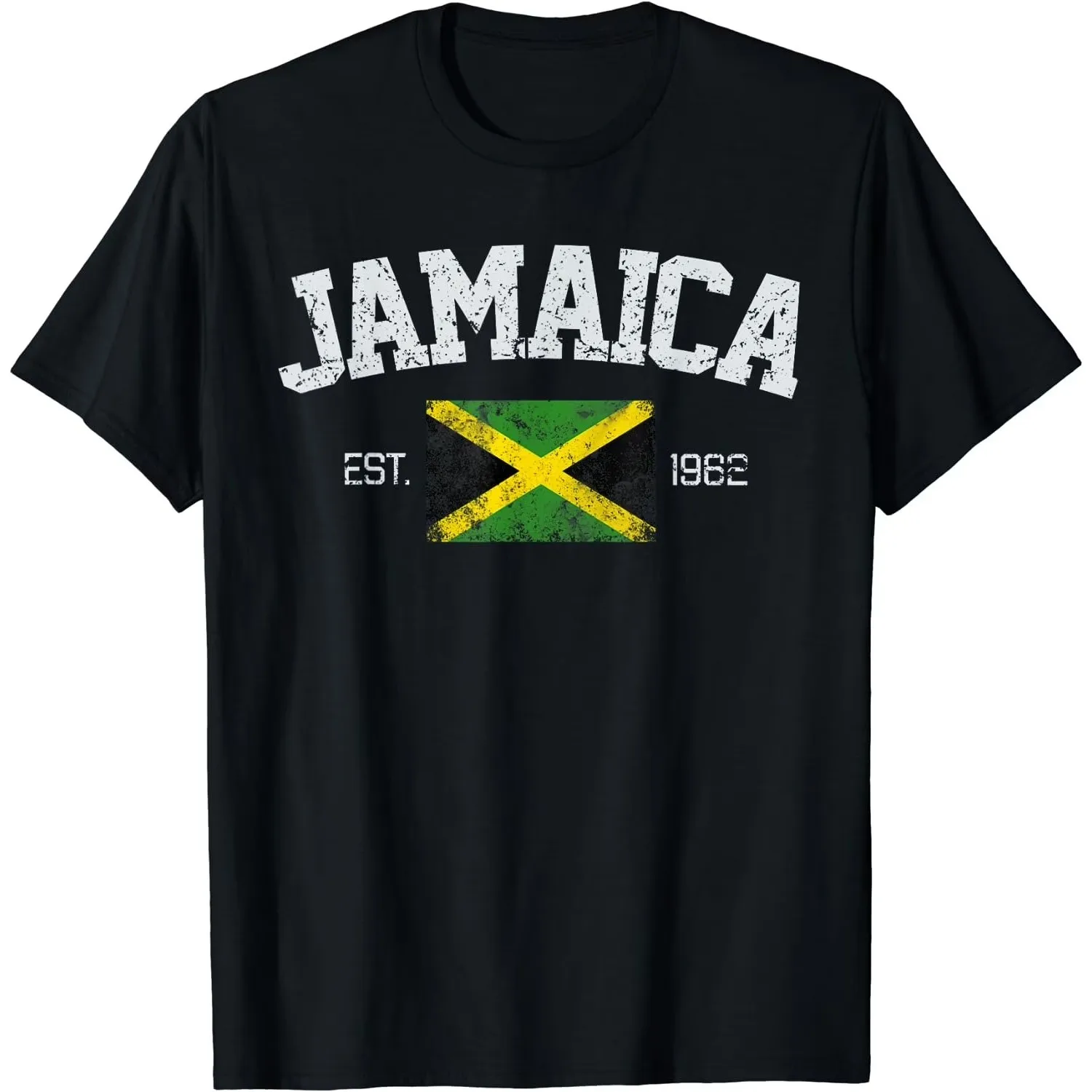 Camiseta con gráfico de la bandera de Jamaica Est 1962, estampado desgastado, manga corta, cuello redondo, informal, para hombre