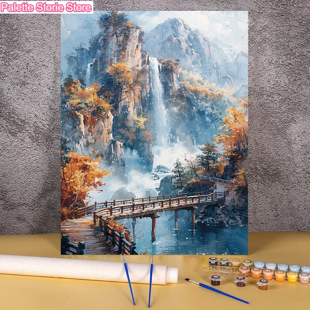 (بدون إطار) لوحة زيتية للمناظر الطبيعية الصينية بالأرقام رسم جبل بالأرقام لوحة أكريليك ذاتية الصنع على القماش للبالغين في المنزل