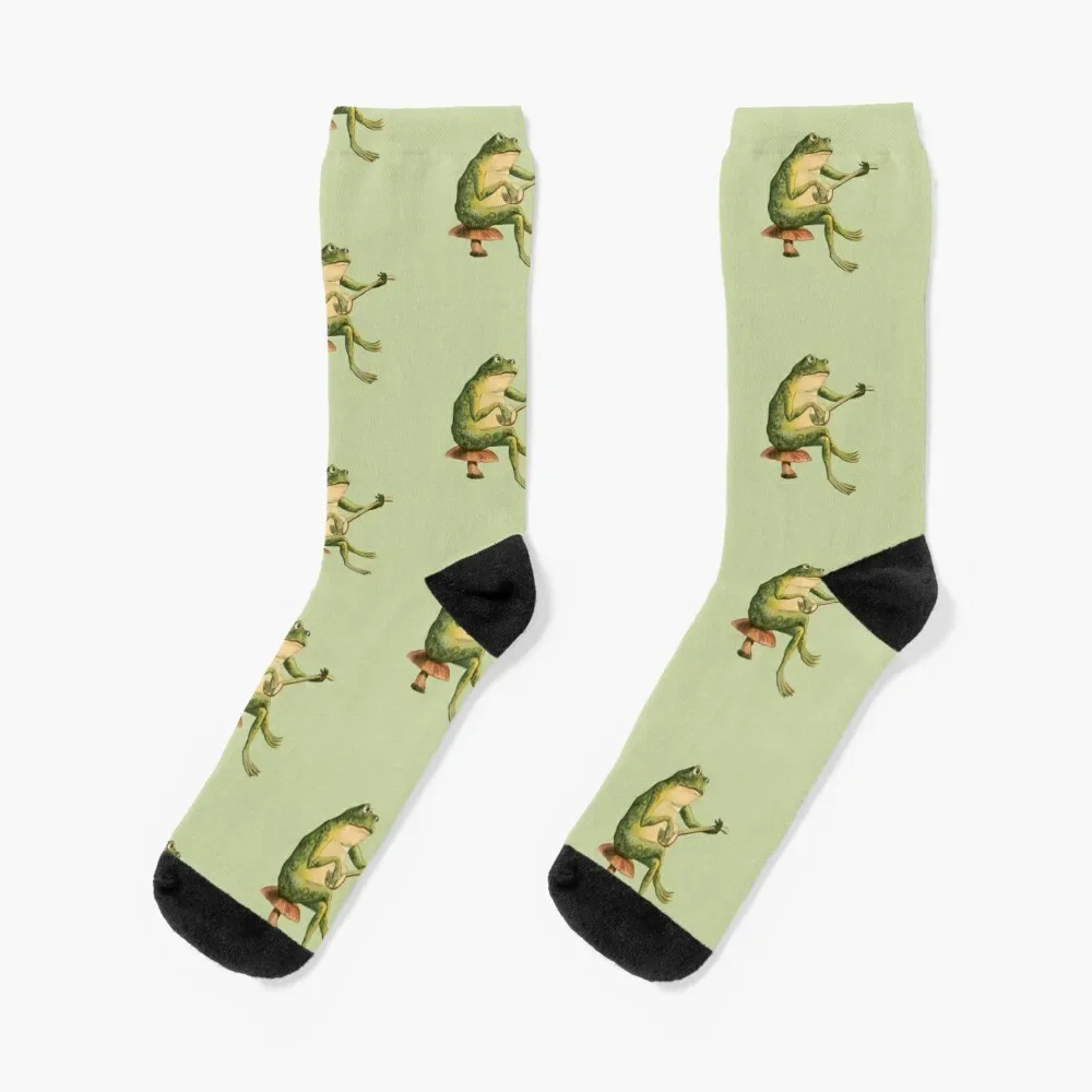 

Melancholic Vintage Frog Playing Banjo on Mushroom Toadstool - Cottagecore Toad Banjo Player - Goblincore Animal Play Guit Socks