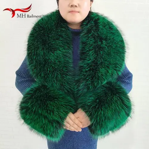 Bufanda grande de piel de zorro sintética para mujer, chaquetas cálidas y esponjosas, conjunto de puños y cuello de piel Artificial a la moda, bufandas esponjosas para mujer