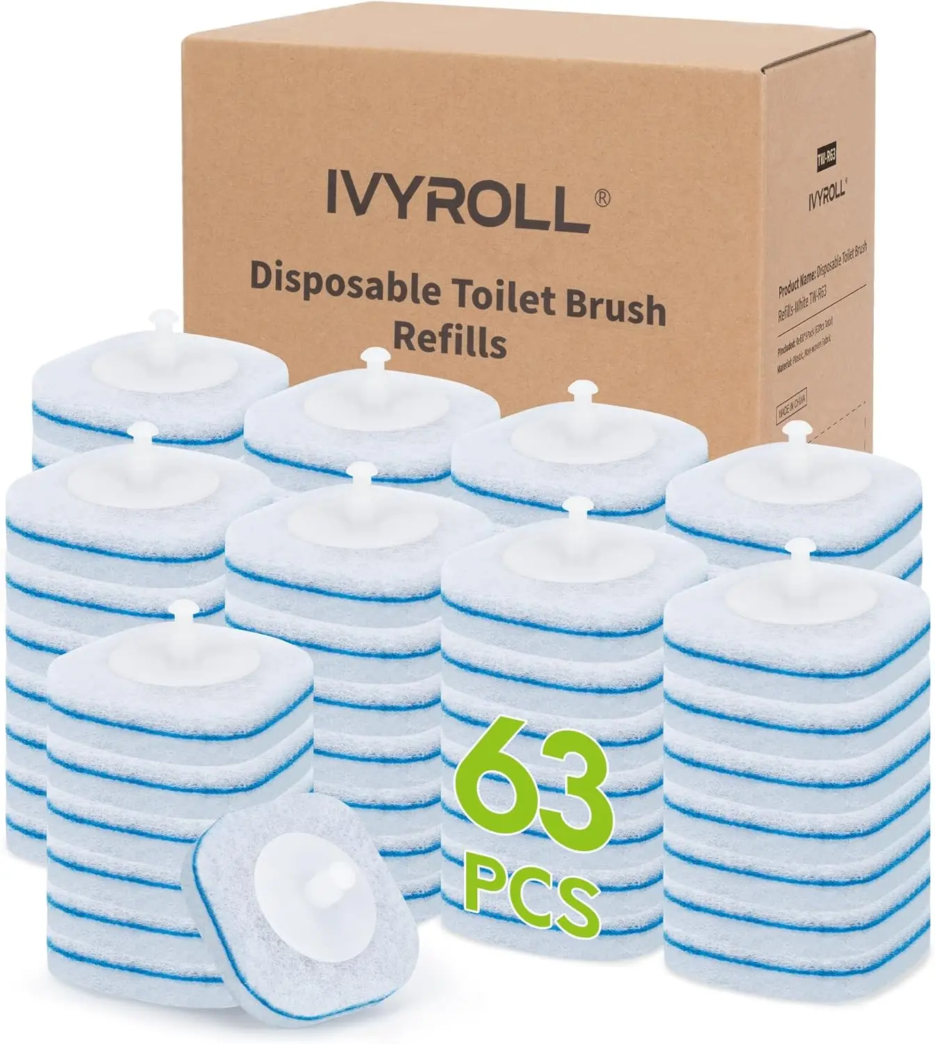 

63-Count Disposable Toilet Brush Refills, Compatible with Cleaning Systems, Easy Replacement Heads