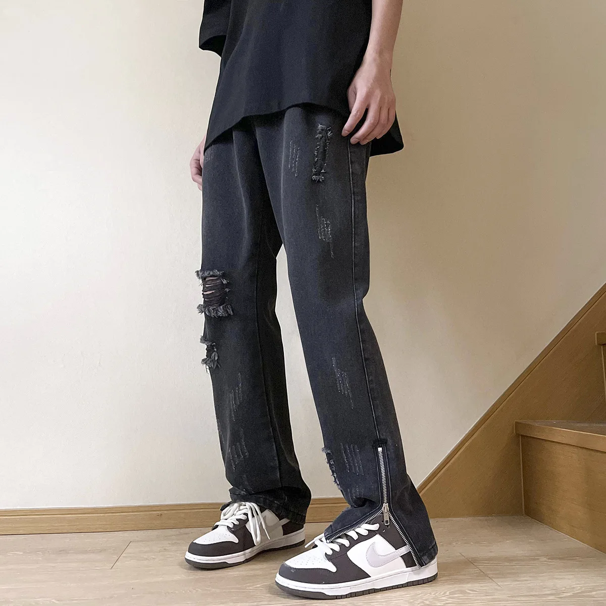 Denim Pant Men Jeans Vintage Straight Pants High Waist Distressed Hole Zipper Hem Trousers Y2k Streetwear Splice Casual Spring