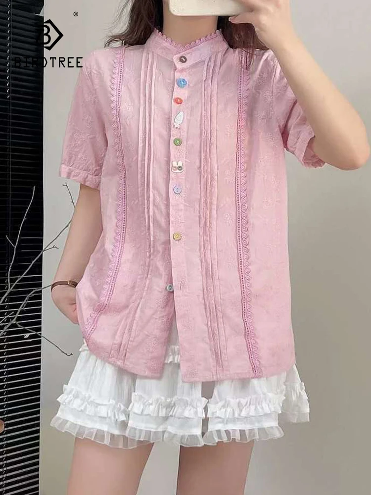 

New Summer Cotton Short Sleeve Shirts Stand Embroidery Tops Mori Girl Casual Loose Retro Commute OL Blouse 2024 Autumn T46844QC