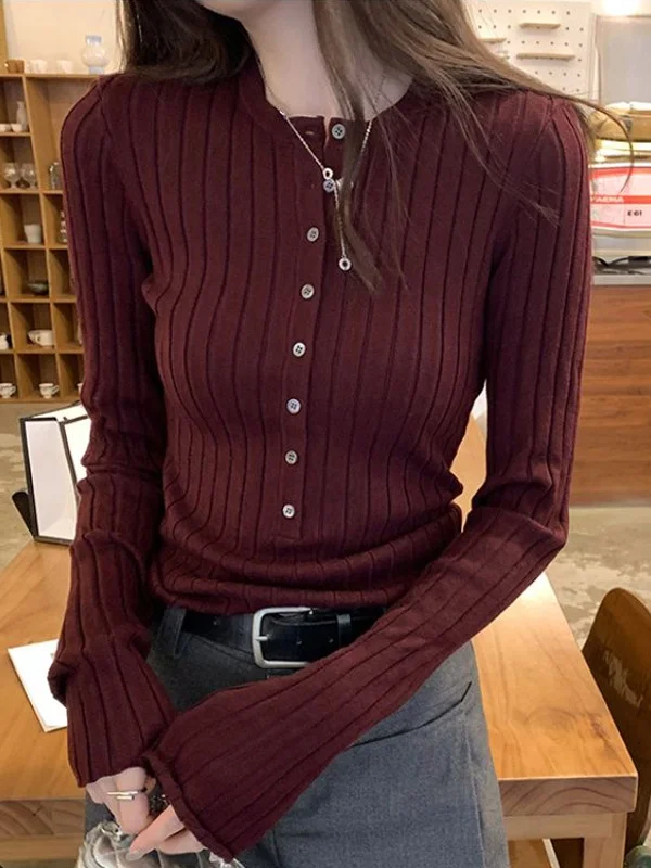 Women's Long Sleeve Knitted Sweater Buttoned Stripe Slim Fit Autumn Winter High End Feeling Base Layer Inner Wear Top