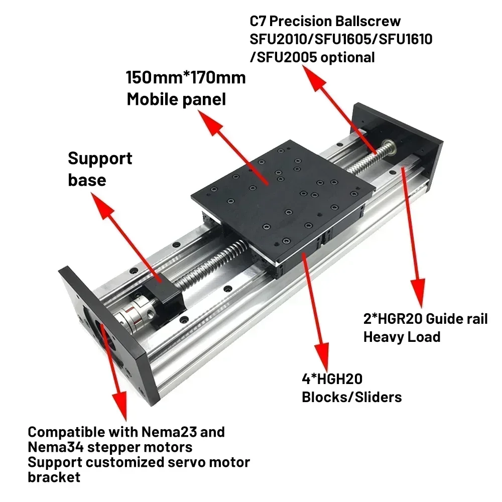 Heavy Duty Linear Stage CNC Linear Rail Slide Table Double Guide Rail 4PC HGR20 150mm Width SFU2010/SFU1605/SFU1610/SFU2005