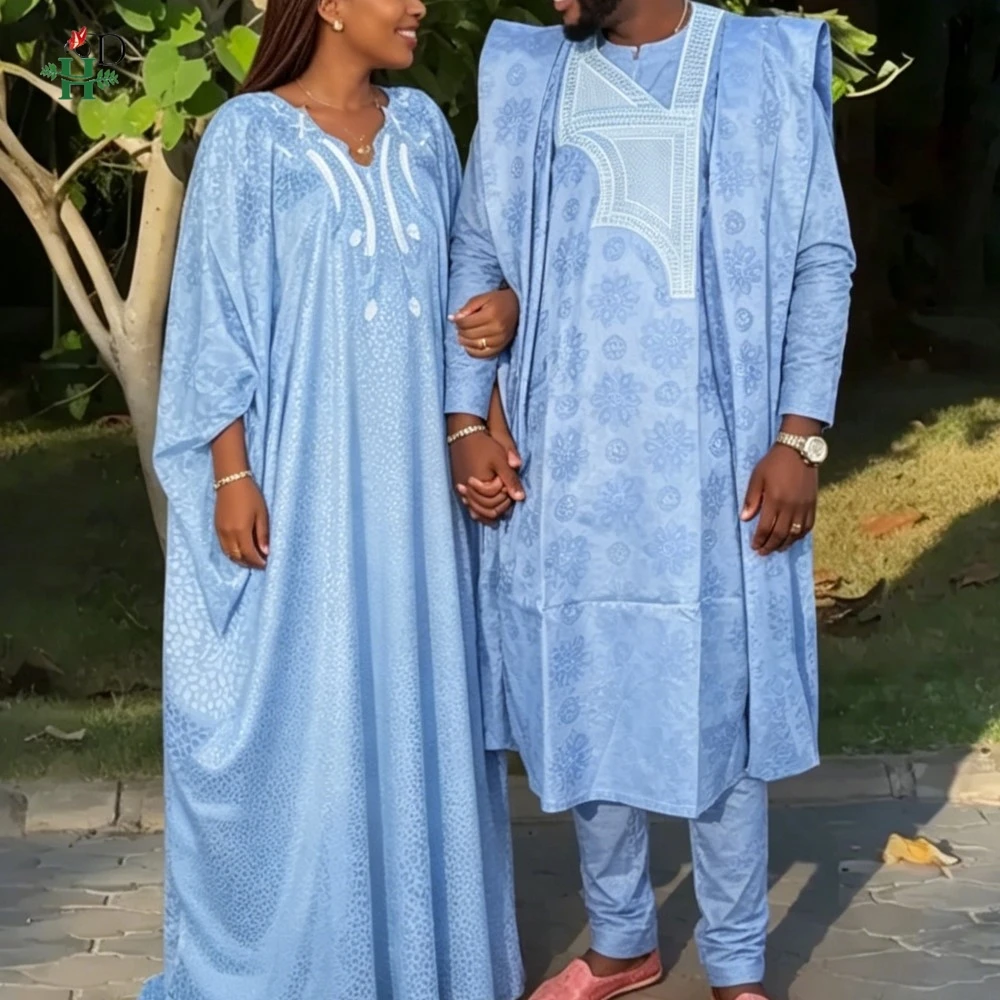 

African For Men Women Agbada Couple Traditional Muslim Ramadan Embroidery Wedding Party Thobe Bazin Riche Outfits Blue Robe Suit