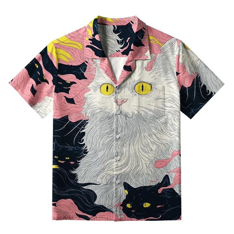 

Vintage Mystical Cats Aloha Hawaiian Shirt Summer Short Sleeve Printed Tunics Thin Beach Shirts Harajuku Japanese Men's Clothing