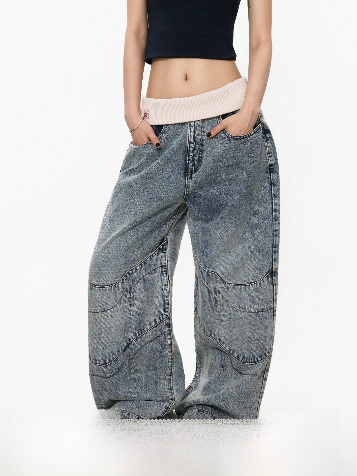 

S3T5 Washed Denim Jeans High Waist Patchwork Loose Straight Leg Floor-Length Women's Vintage American Style Trousers