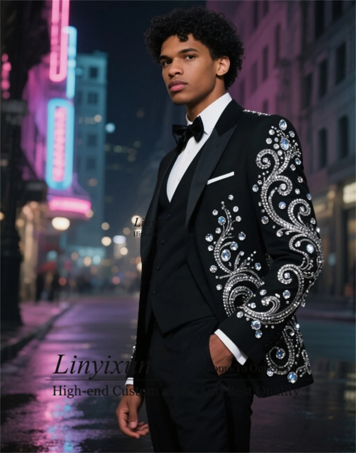 

Handsome Men Suit Peaked Lapel Ropa hombre Customized Slim Fit Wedding Tuxedos High End Diamond Ornament Groom Male Blazers