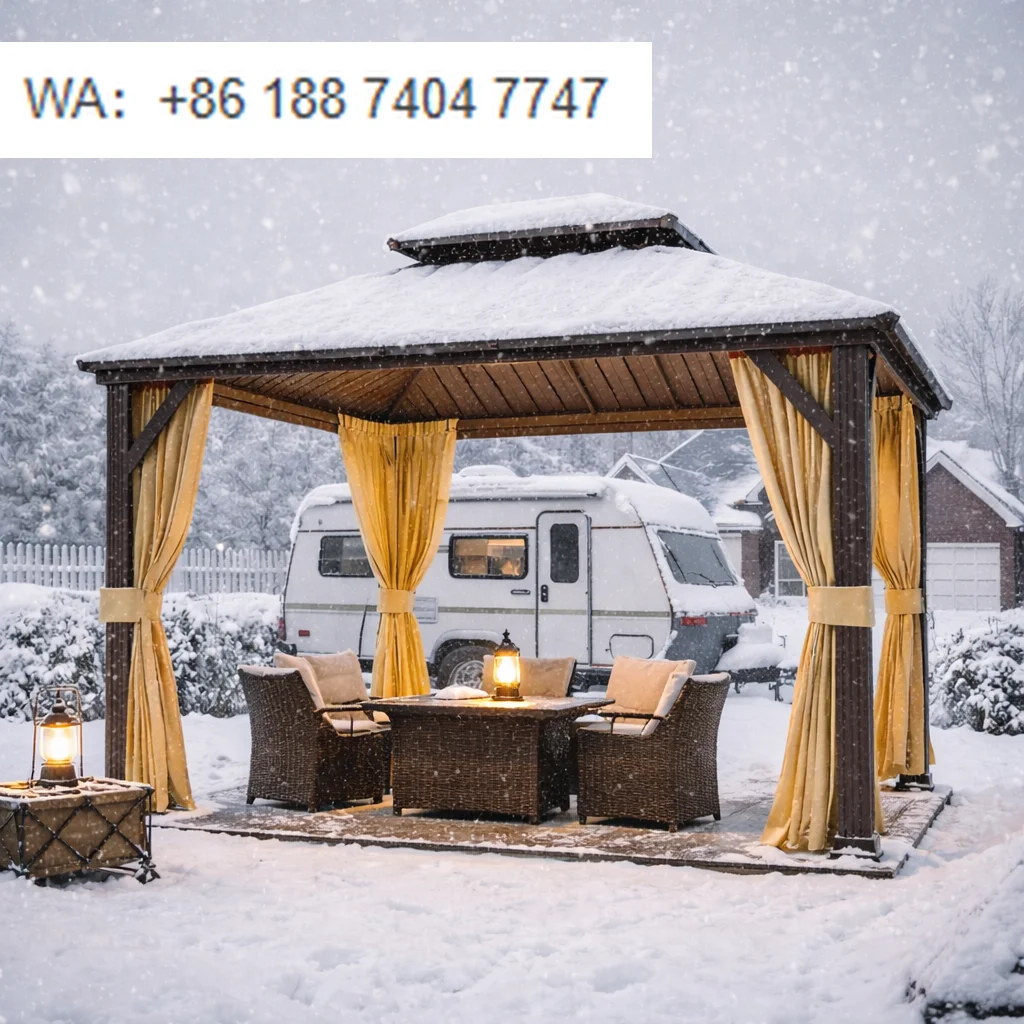 Modern Outdoor Living Hardtop Gazebo Wooden-Coated Aluminum Frame Canopy Patio Deck Furniture Double Roof Easy Installation