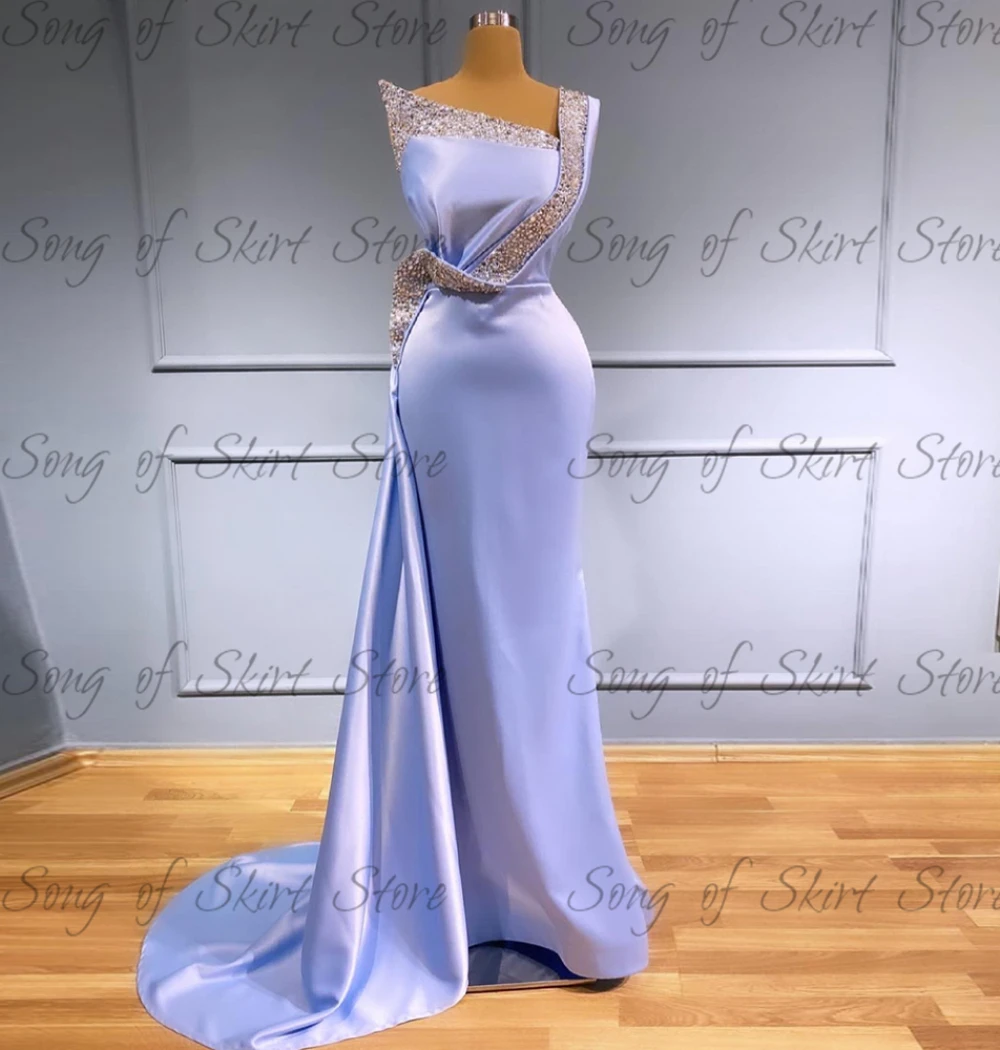 Customized Glittery One-Shoulder Mermaid Formal Evening Dresses Sweep Train Sleeveless Prom Gown Jersy Party Dress Robes De Soir