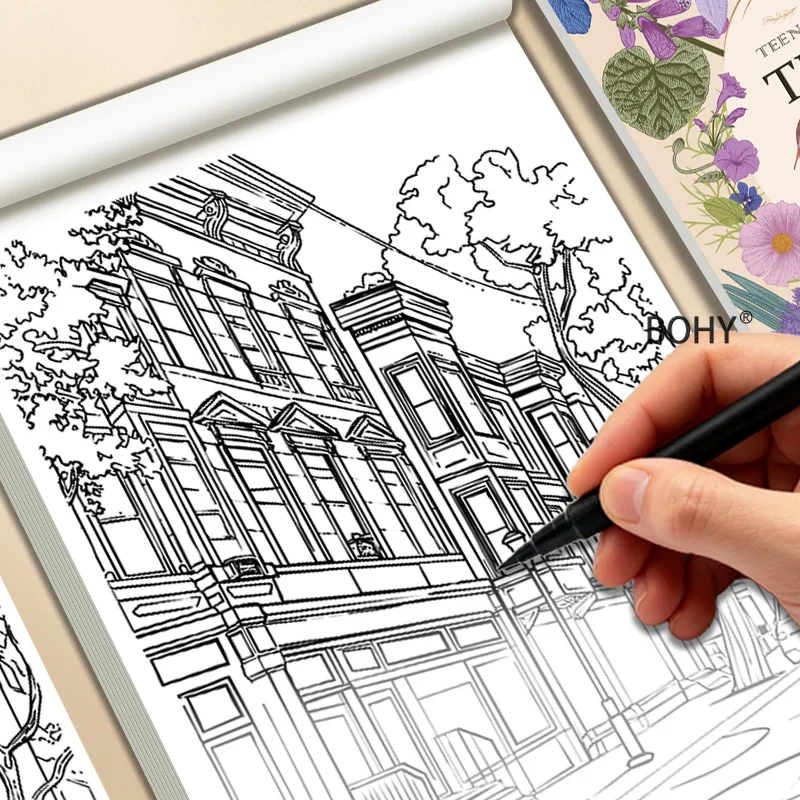 A 24 Page Adult Decompression and Coloring Graffiti Book, Include Themes As Fresh Flowers/European Architecture/trendy Graffiti