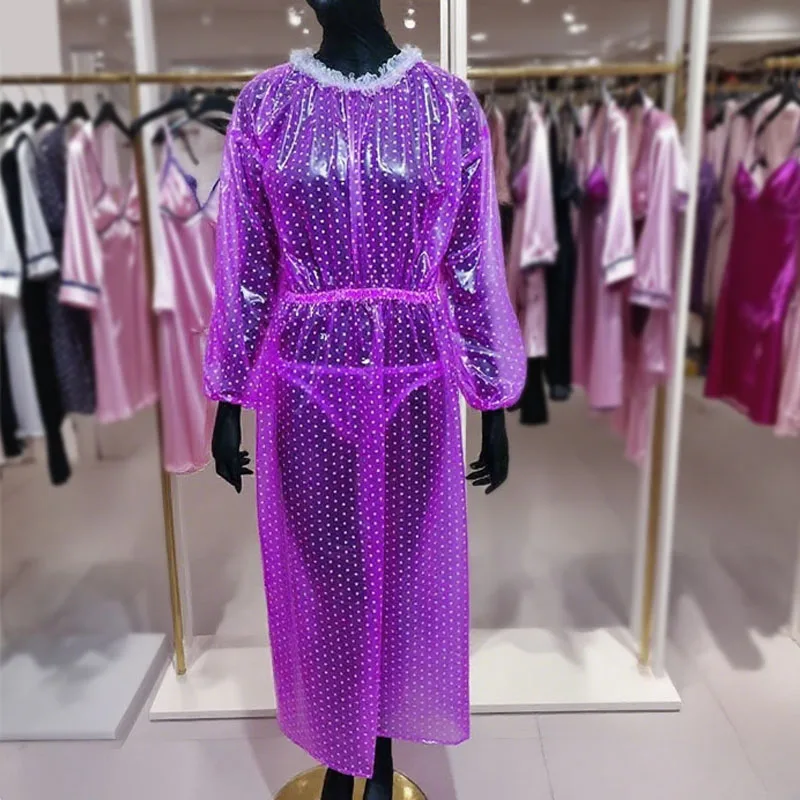 

Мягкая гладкая ABDL водонепроницаемая свободная пластиковая длинная юбка для пары, ПВХ в горошек, прозрачное сексуальное кружевное платье с длинными рукавами и круглым вырезом