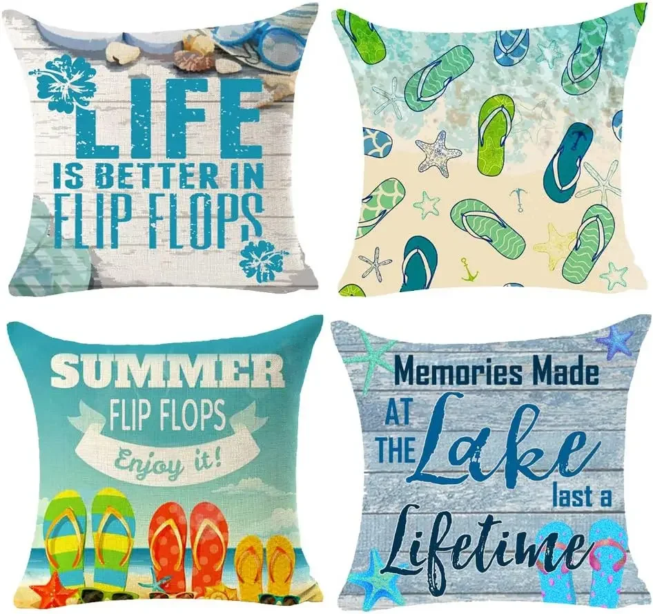 4PC Wood Grain Life Is Better in Flip Flops Starfish Fun Quote Gift for Beach Lake Outdoor Cotton Linen Square Throw Pillow Case