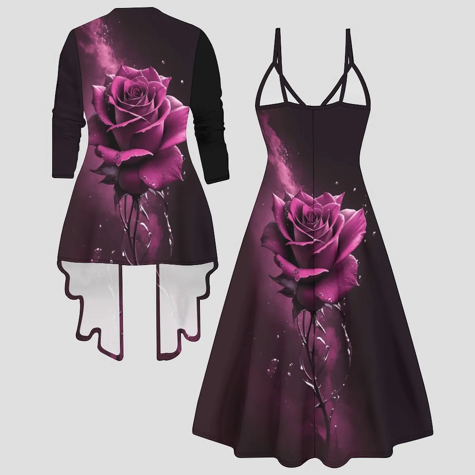 Women Print 2 Piece Matching Outfit V Neck Spaghetti Strap Flowy Midi Slip Dress 3/4 Sleeve Irregular Long  Cardigan